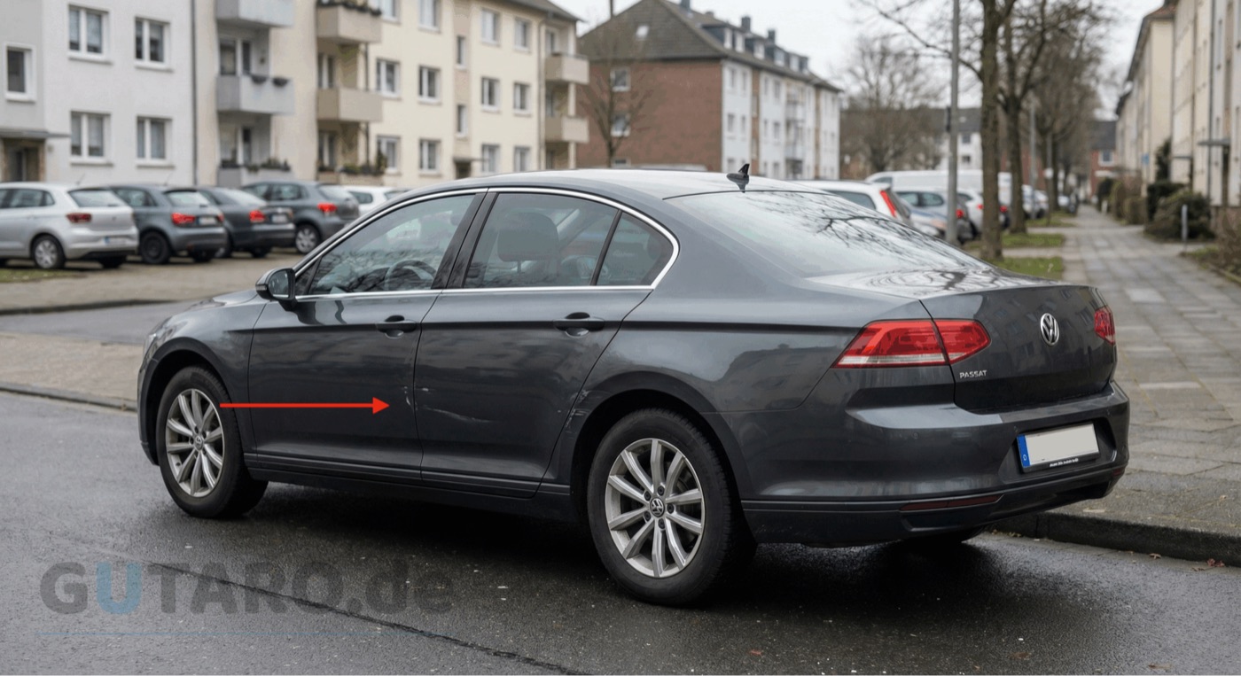 Parkschaden an Tür und Seitenwand eines VW Passat